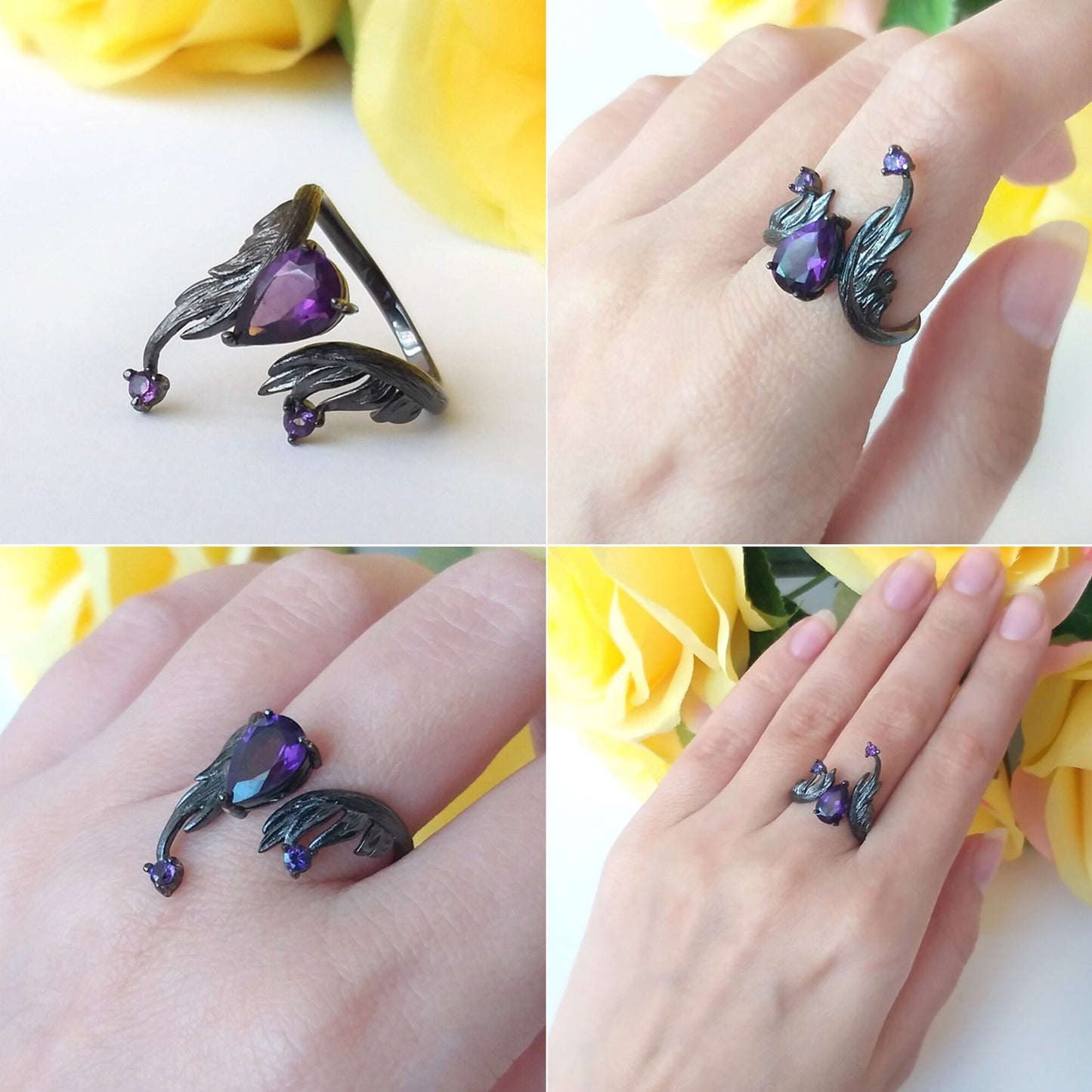 Amethyst Black Angel Wings Adjustable Ring