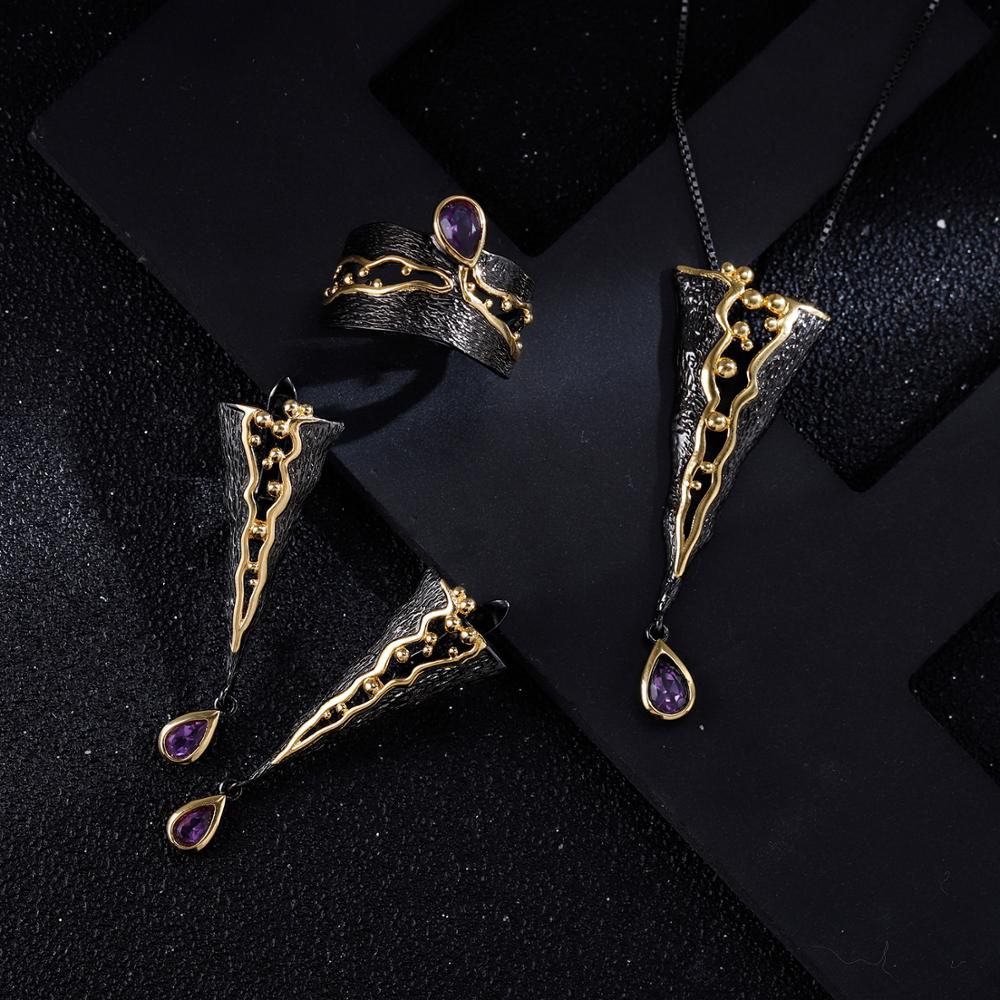 Distinctive Styled Gold And Black Amethyst Teardrop Earrings