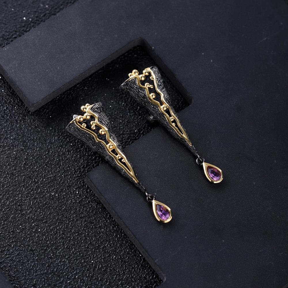 Distinctive Styled Gold And Black Amethyst Teardrop Earrings