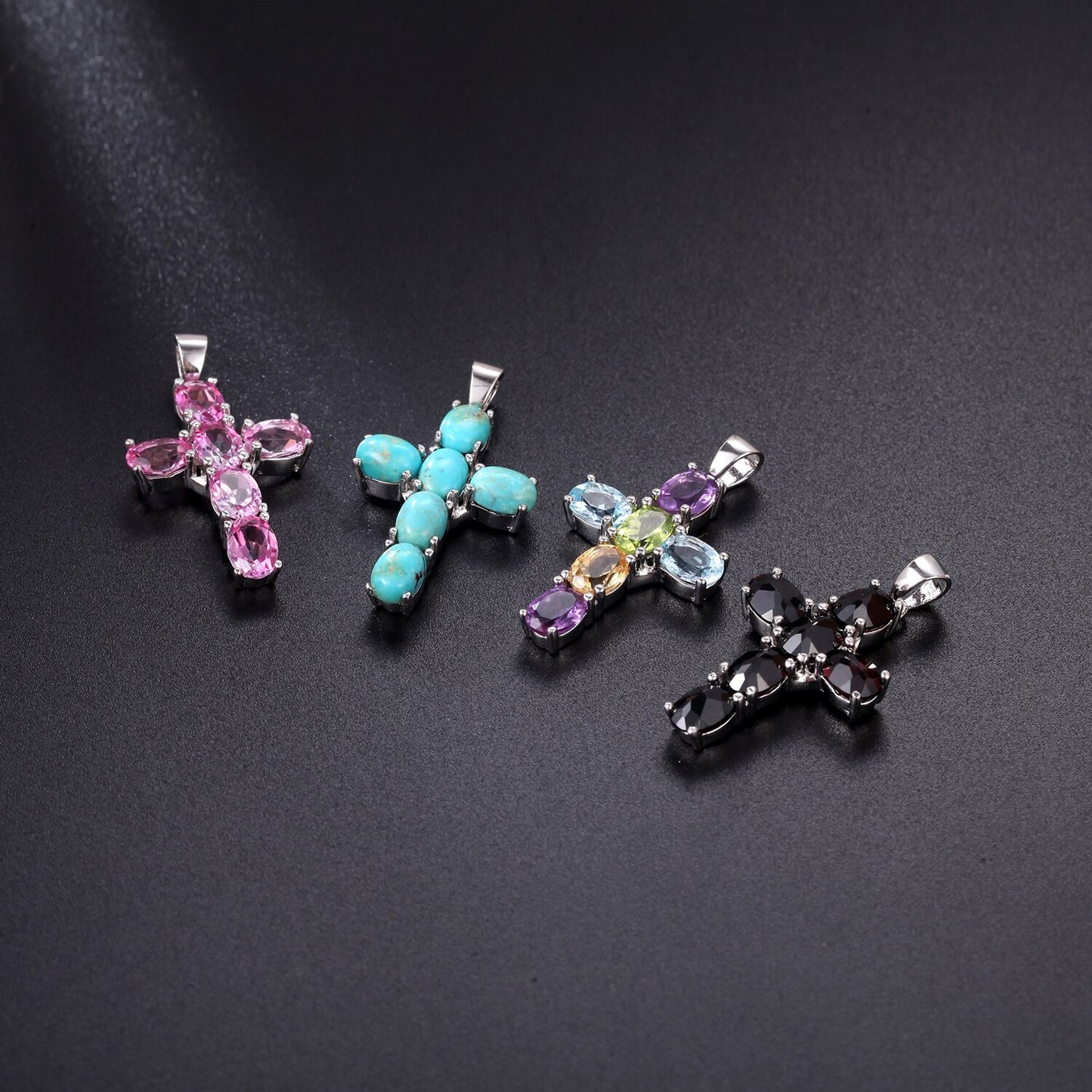 Gemstone Silver Cross Pendant Necklace