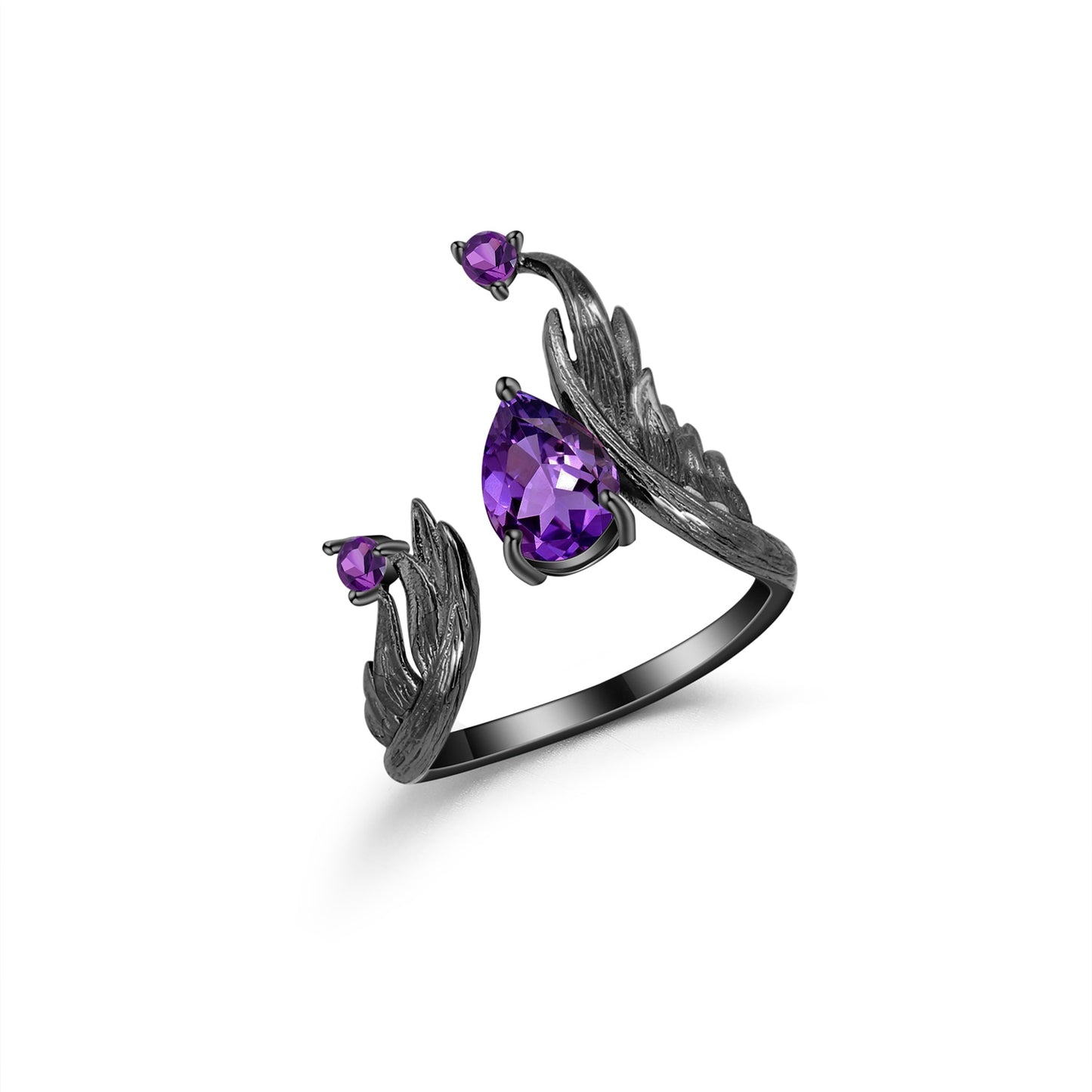 Amethyst Black Angel Wings Adjustable Ring