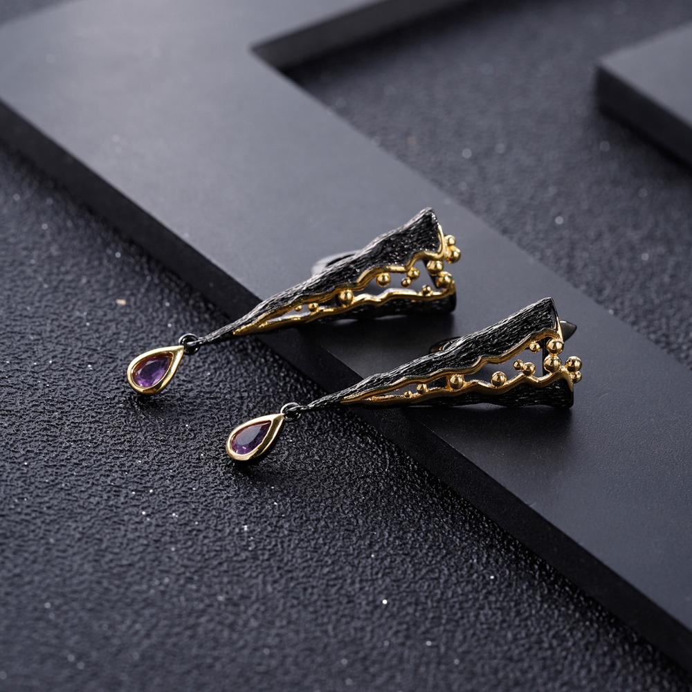 Distinctive Styled Gold And Black Amethyst Teardrop Earrings