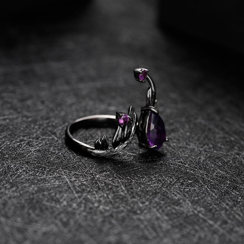 Amethyst Black Angel Wings Adjustable Ring