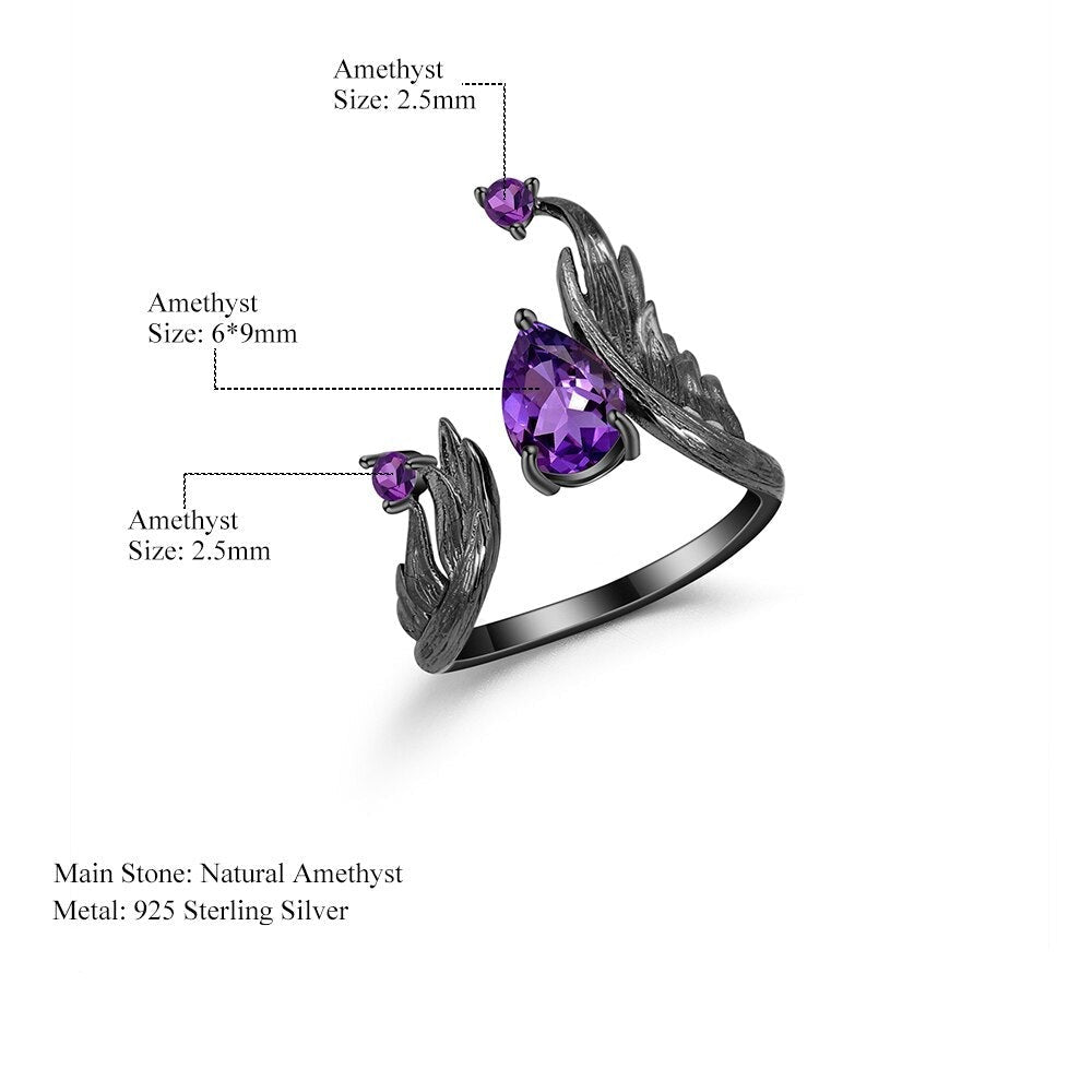 Amethyst Black Angel Wings Adjustable Ring