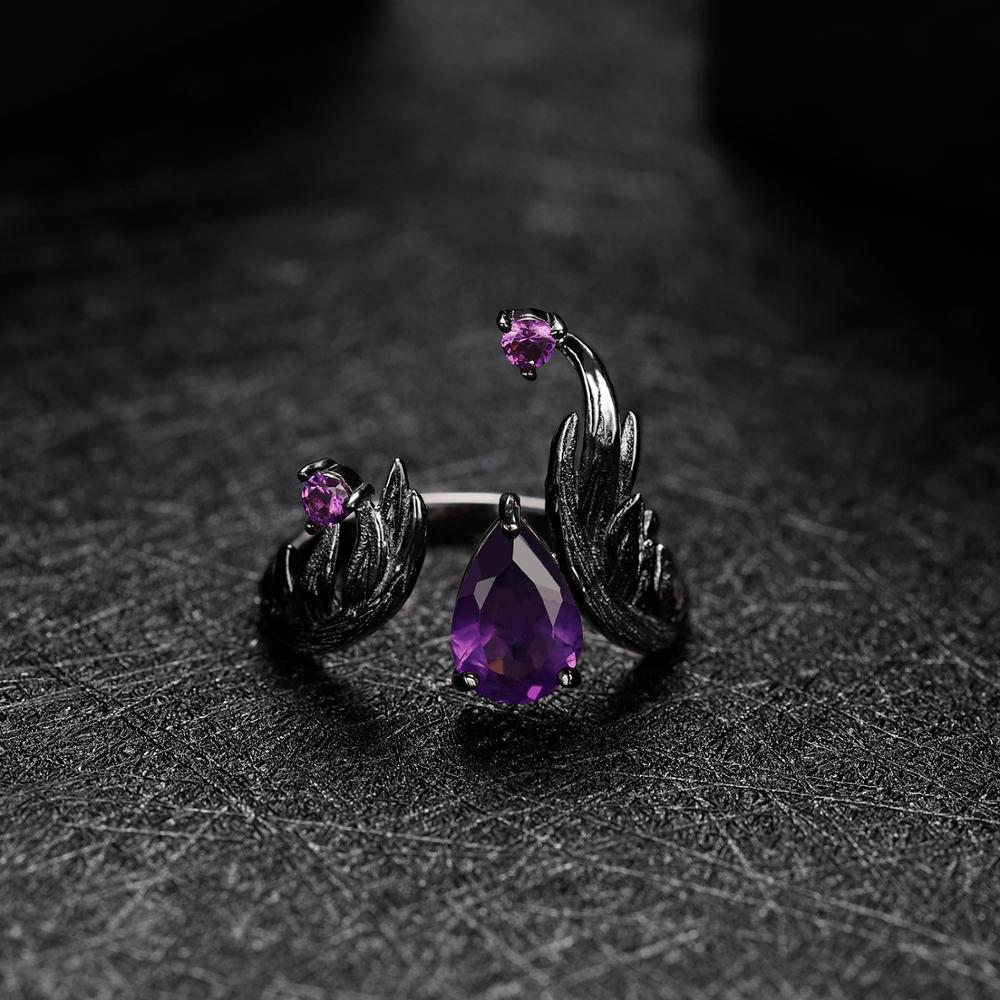 Amethyst Black Angel Wings Adjustable Ring