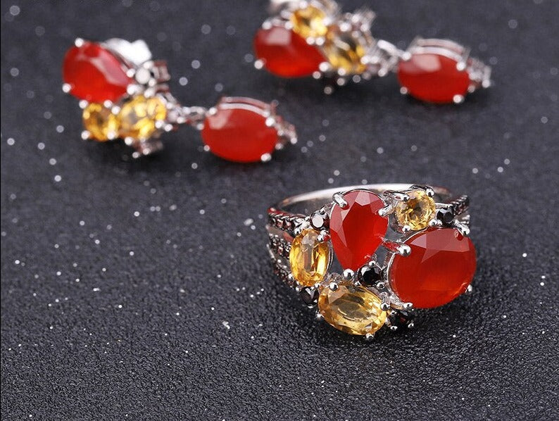 Natural Red Garnet Citrine Ring Earrings Set