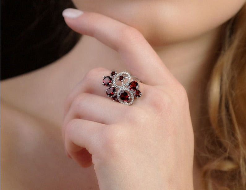 Unique Red Garnet Cluster Ring