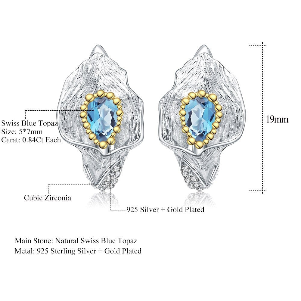 Calla Lily Swiss Blue Topaz Flower Earrings