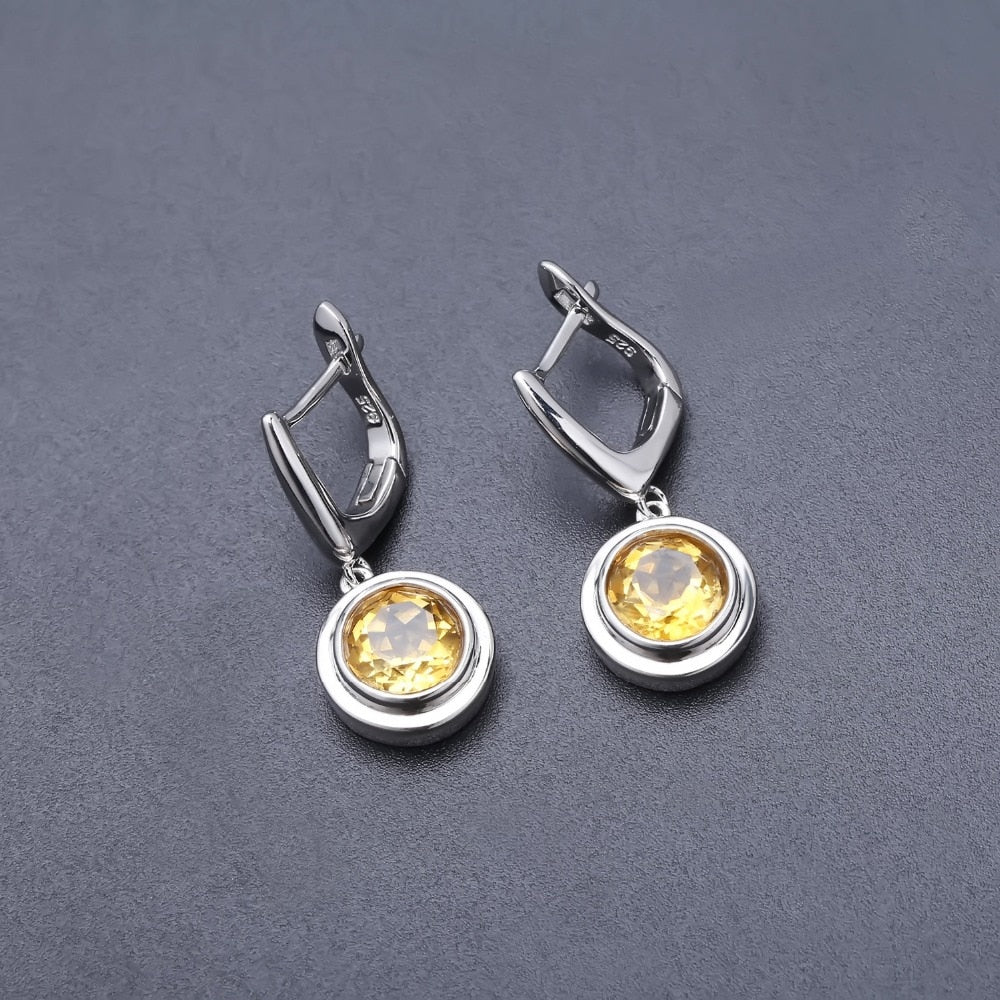 Round Citrine Silver Drop Earrings