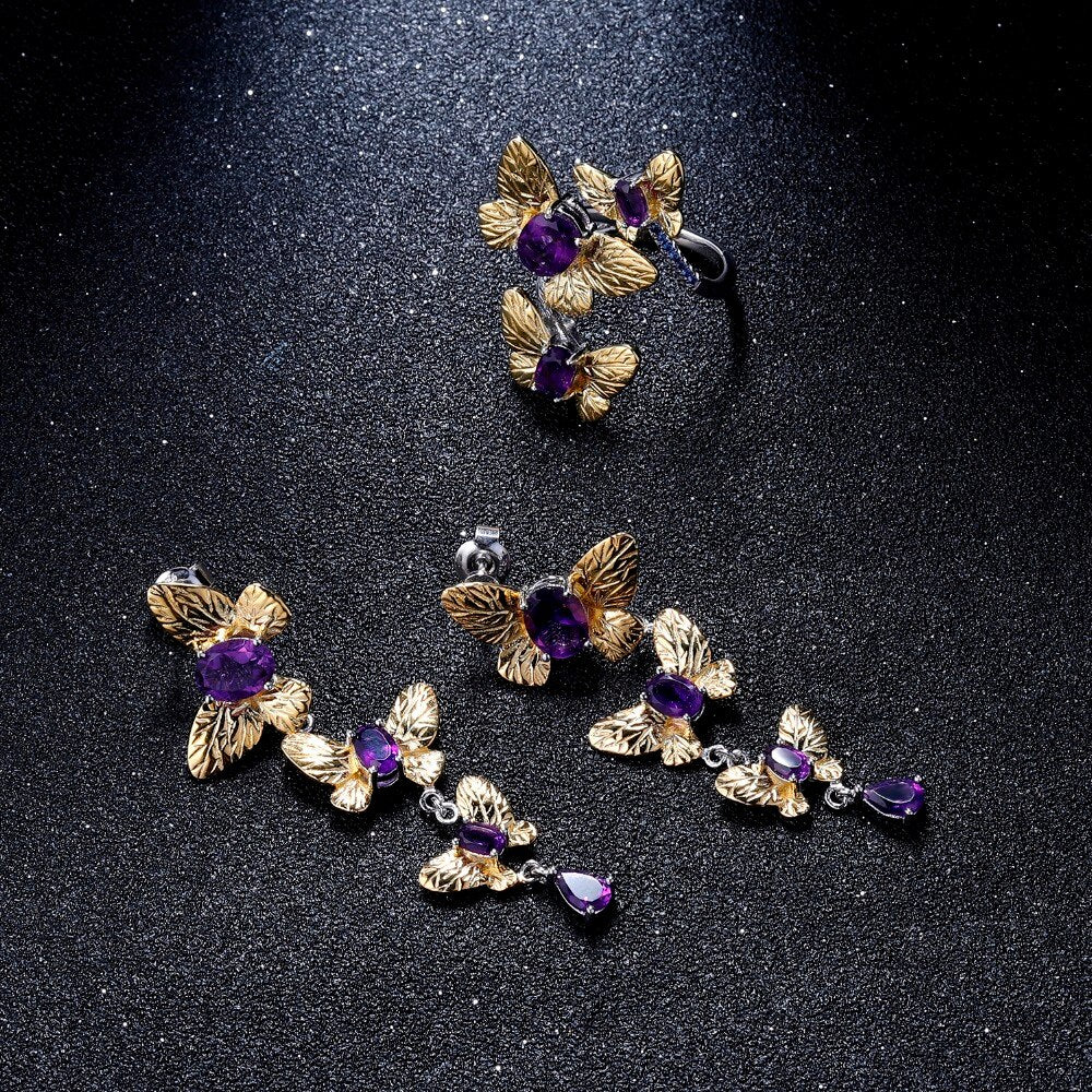 Natural Amethyst Handmade Butterfly Ring & Earrings Set