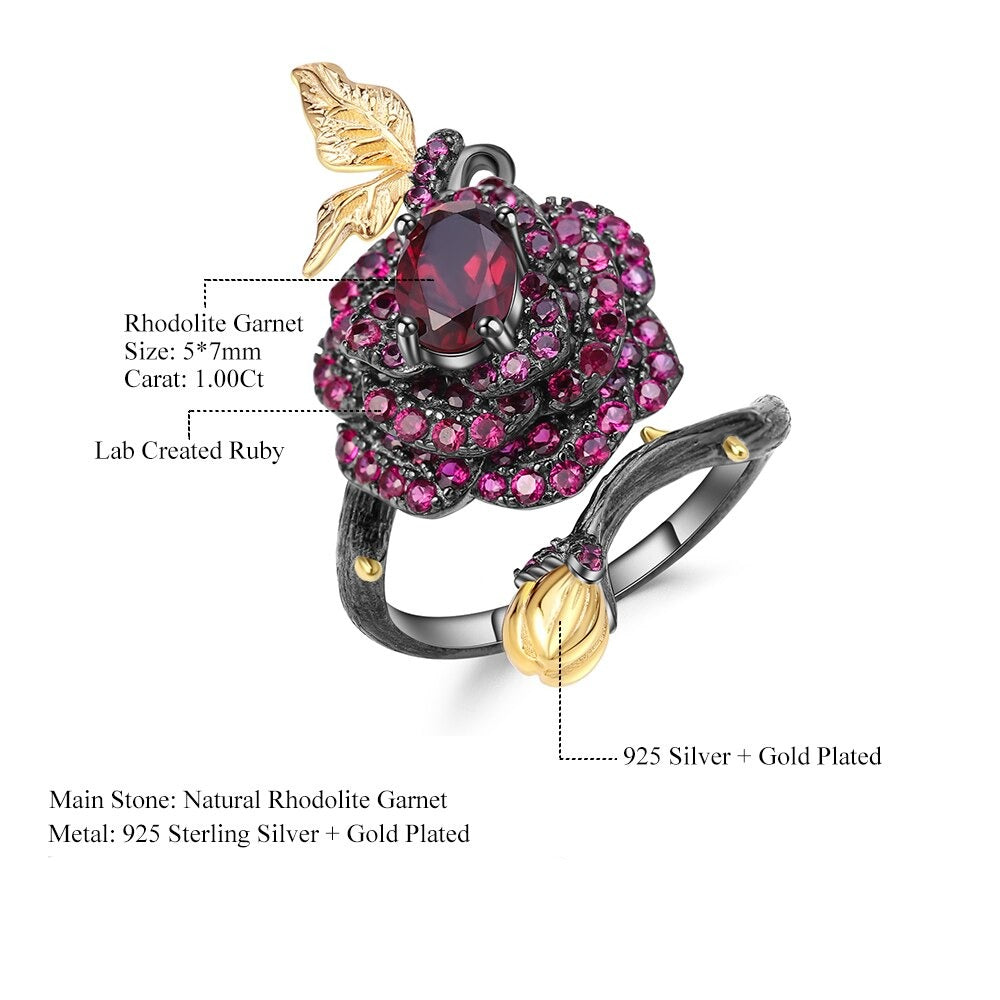 Garnet Rose Flower Resizable Ring