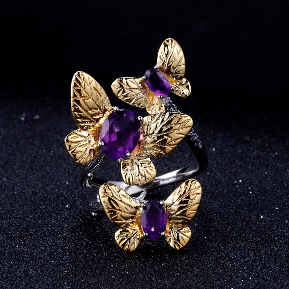 Natural Amethyst Handmade Butterfly Ring & Earrings Set