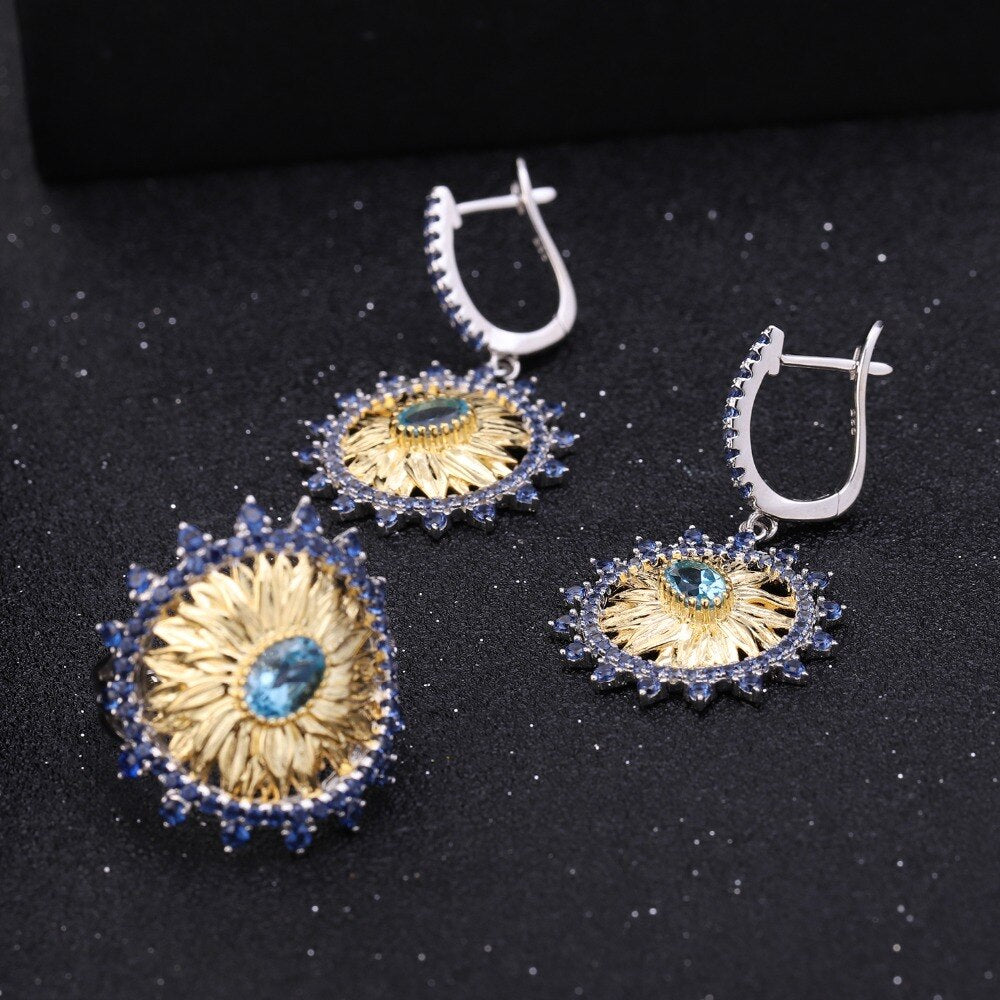 Natural Swiss Blue Topaz Center Stone W/ Handmade Sunflower Ring/Earrings Set