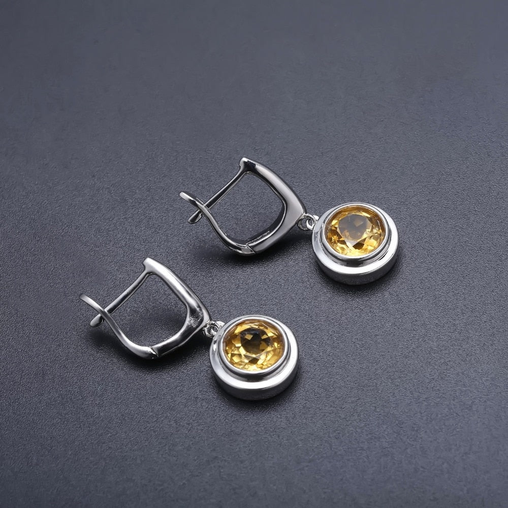 Round Citrine Silver Drop Earrings