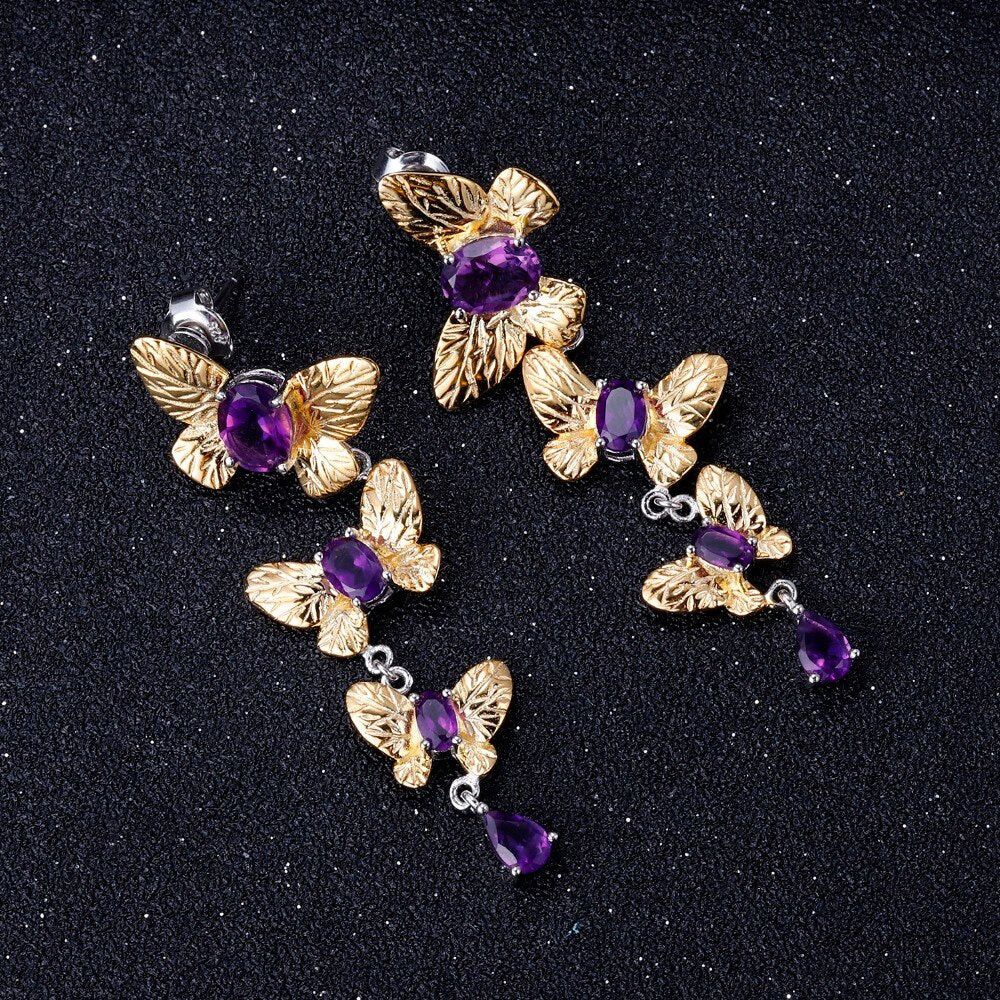 Natural Amethyst Handmade Butterfly Ring & Earrings Set