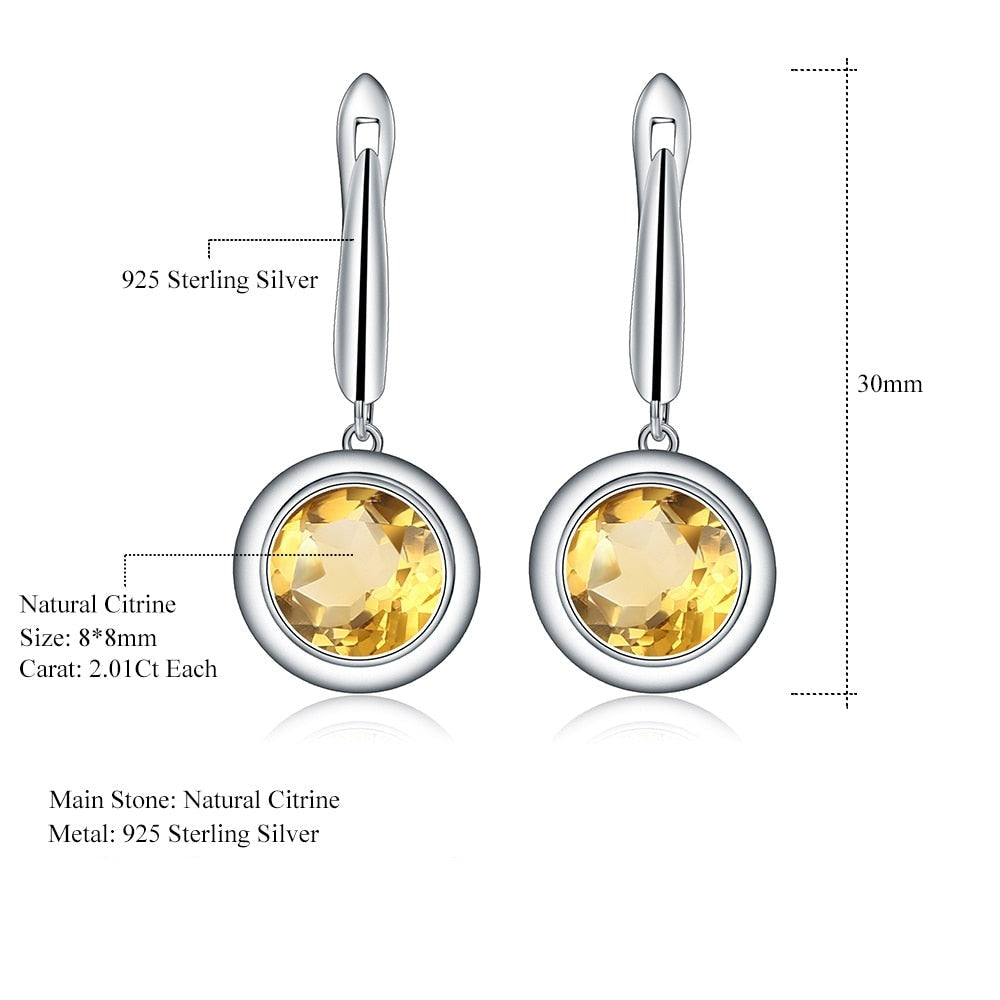 Round Citrine Silver Drop Earrings