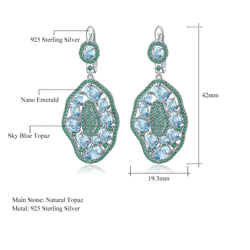 Sky Blue Topaz and Emerald Classic Style Gem Cluster Earrings