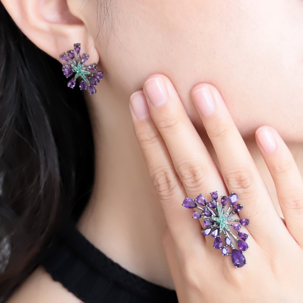 Natural Amethyst Elegance: Silver & Nano Emerald Accent Jewelry Set