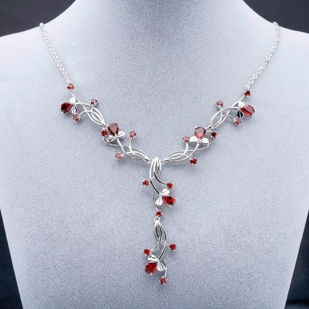 Garnet Wavy Silver Bridal Necklace