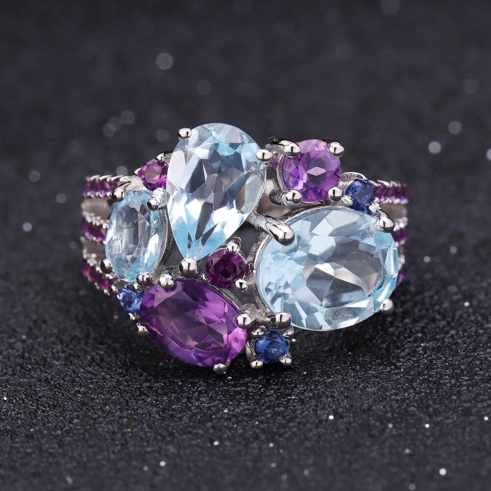 Sky Blue Topaz Gemstone Cluster Ring