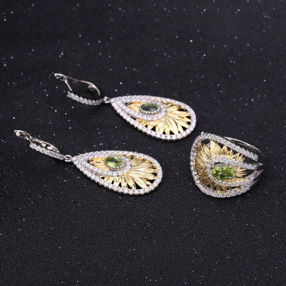 Sunflower Serenity: Silver & Natural Peridot Jewelry Set