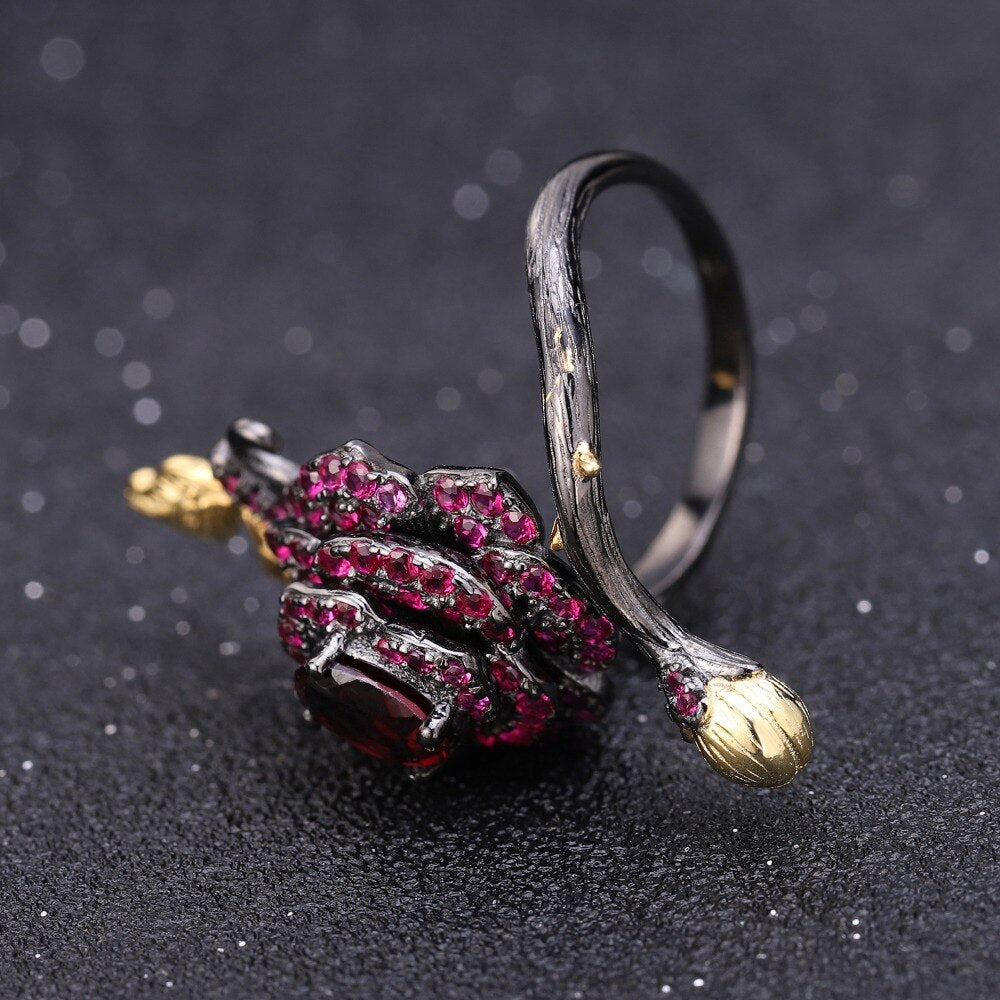 Garnet Rose Flower Resizable Ring