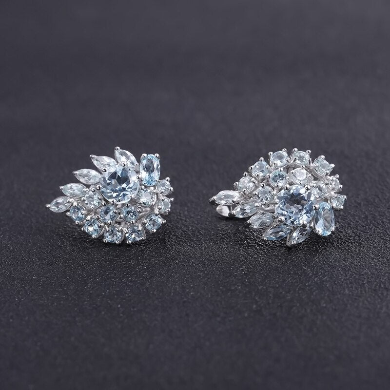 Sky Blue Topaz Cluster Gem Stud Earrings