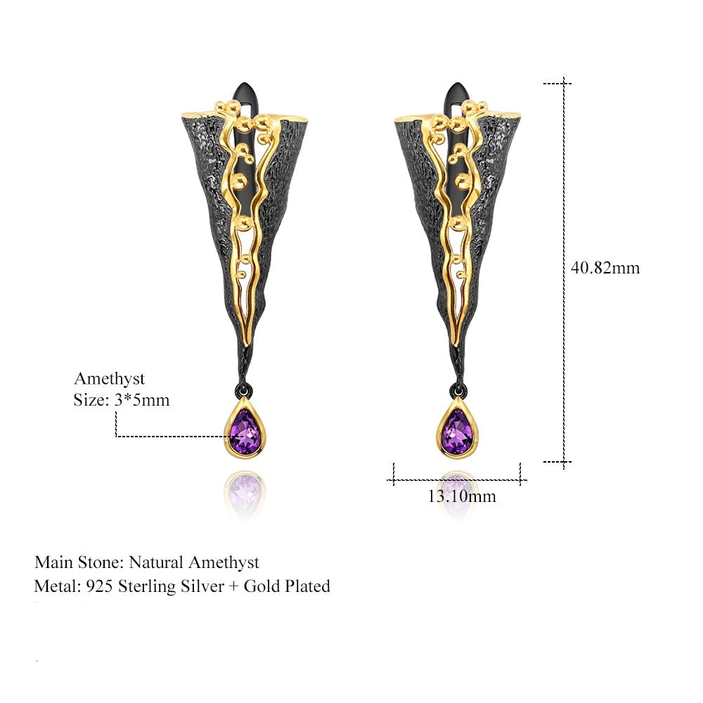 Distinctive Styled Gold And Black Amethyst Teardrop Earrings