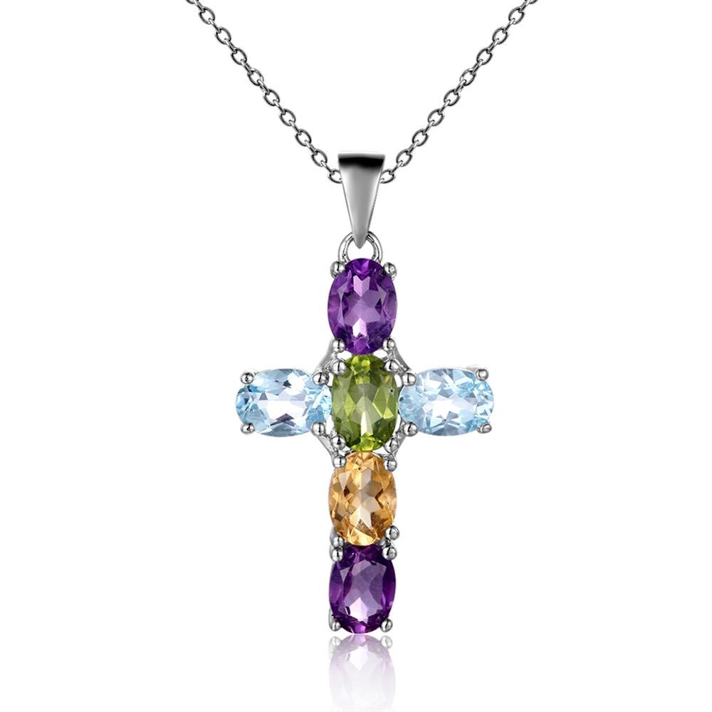 Gemstone Silver Cross Pendant Necklace