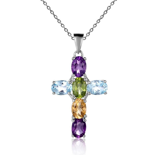 Gemstone Silver Cross Pendant Necklace