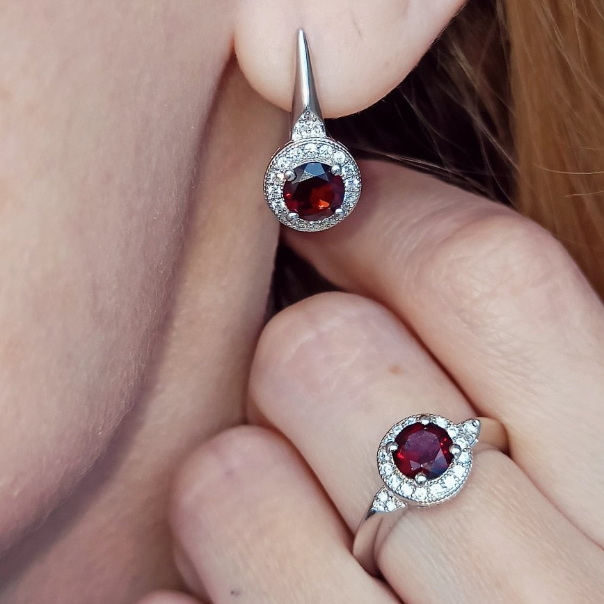 Natural Red Garnet Earrings Ring Set