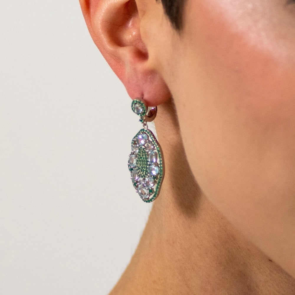 Sky Blue Topaz and Emerald Classic Style Gem Cluster Earrings