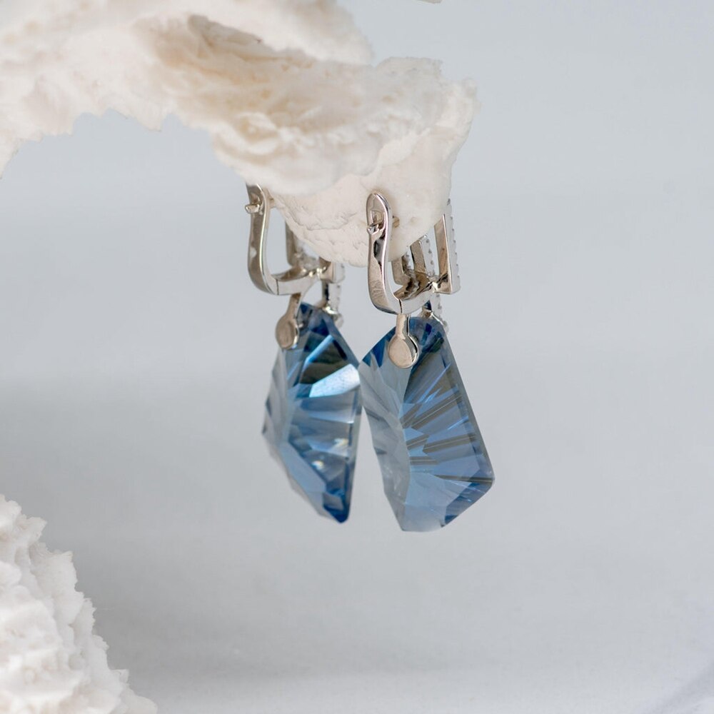 Iolite Blue Large Cut Gemstone Drop Earrings