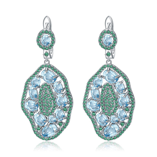 Sky Blue Topaz and Emerald Classic Style Gem Cluster Earrings