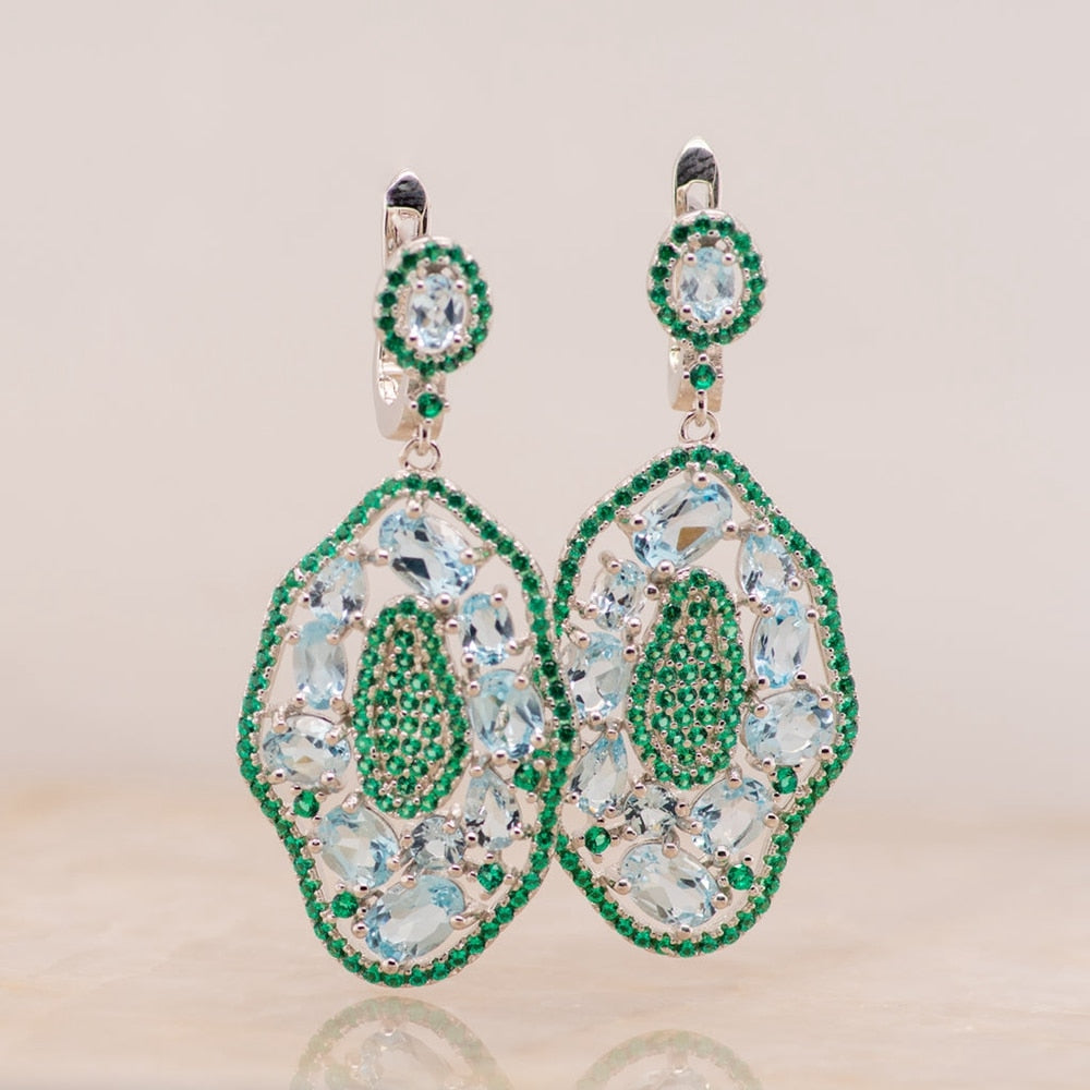 Sky Blue Topaz and Emerald Classic Style Gem Cluster Earrings