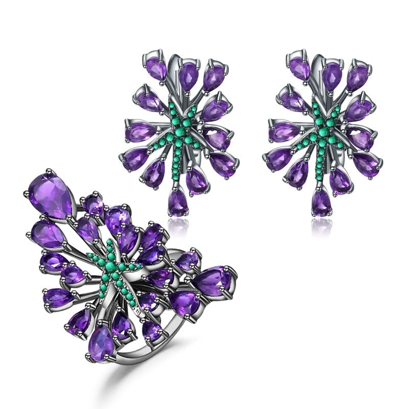 Natural Amethyst Elegance: Silver & Nano Emerald Accent Jewelry Set