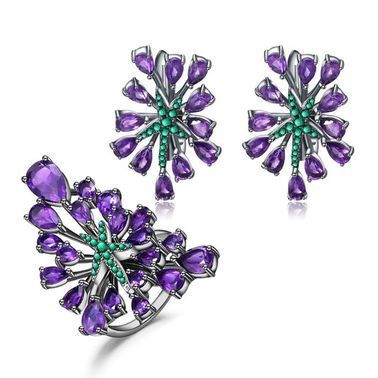 Natural Amethyst Elegance: Silver & Nano Emerald Accent Jewelry Set