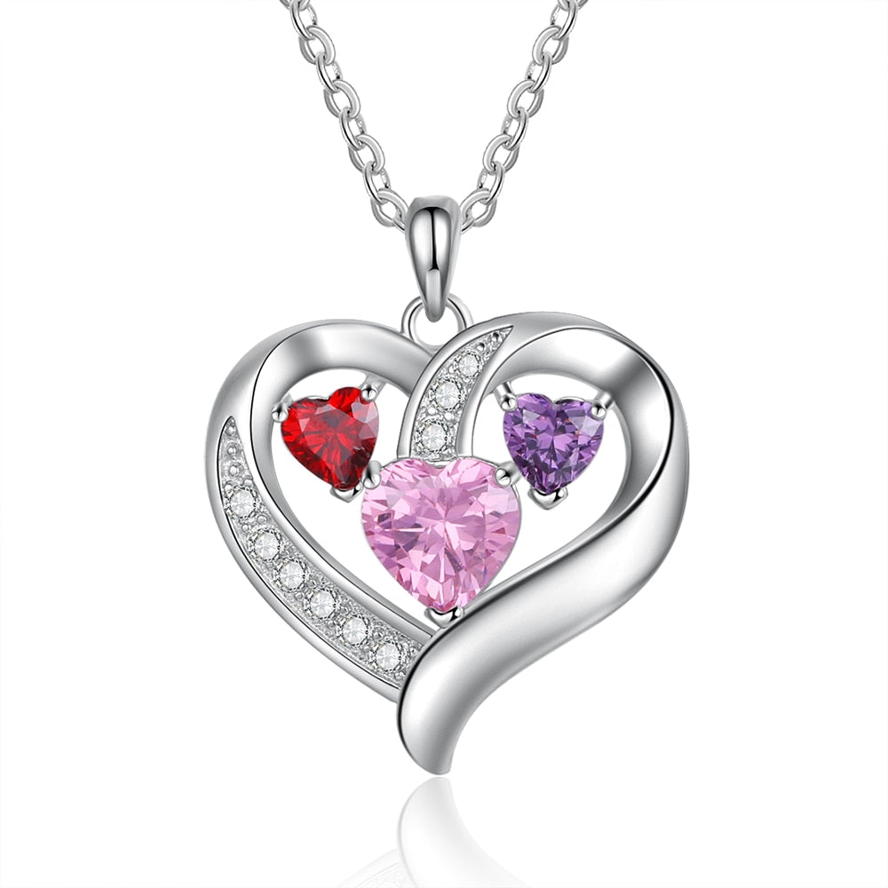 Custom Heart Necklace With Simulated Birthstones And Engraved Names