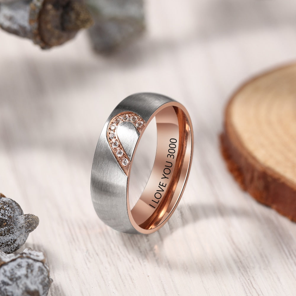 Custom Engraved Heart Rings with Inset Zirconium Diamonds