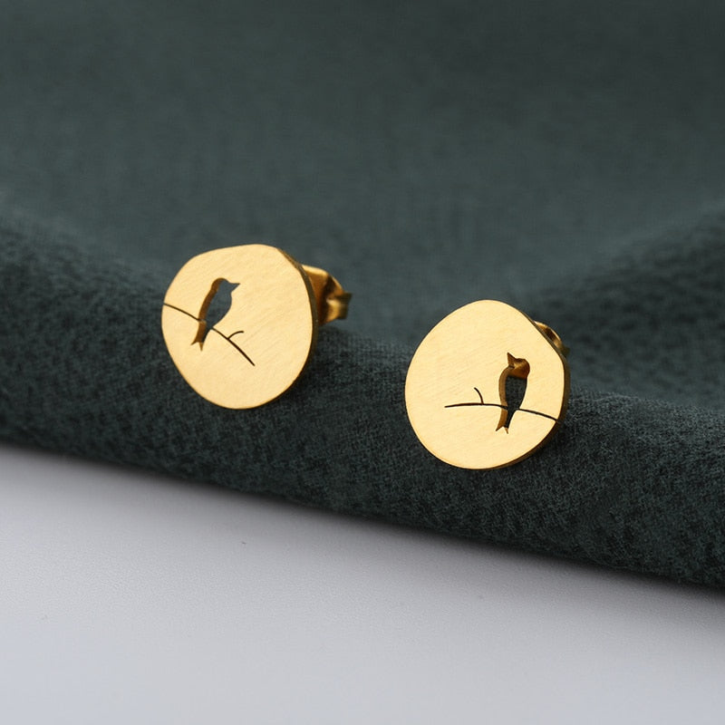 Cute Bird On A Branch Stud Earrings