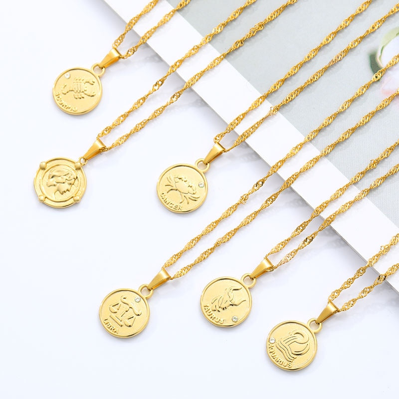 Zodiac Sign Coin Pendant Necklace