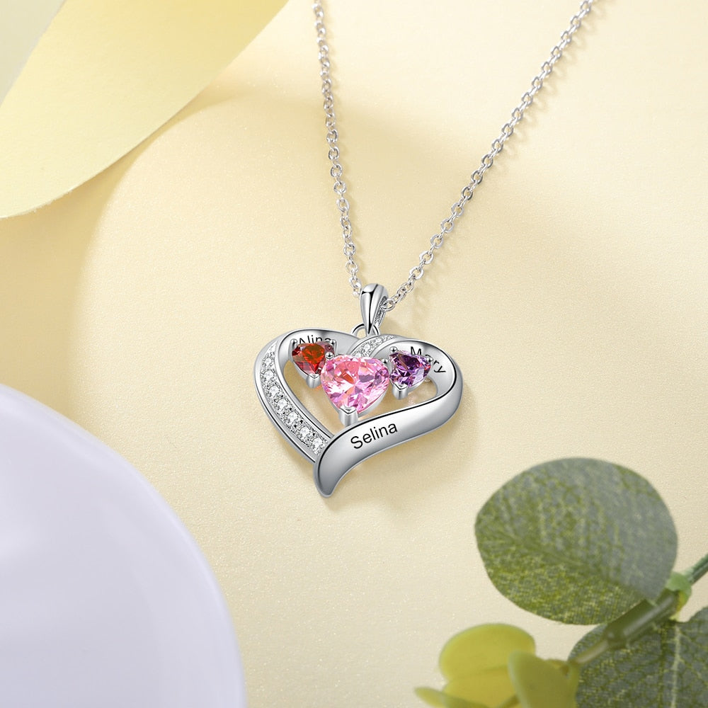 Custom Heart Necklace With Simulated Birthstones And Engraved Names