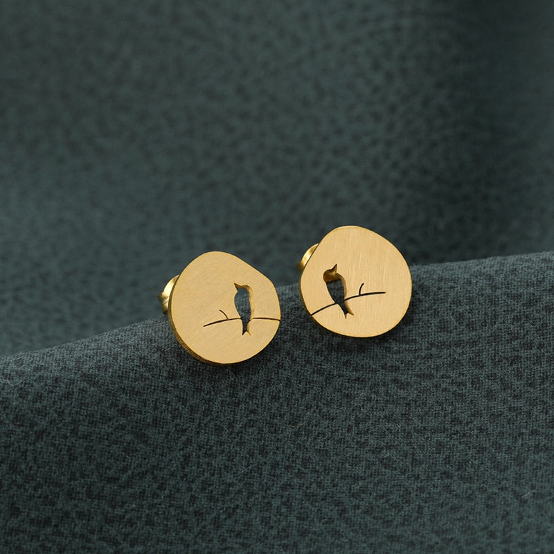 Cute Bird On A Branch Stud Earrings