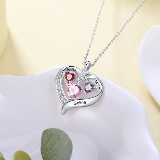 Custom Heart Necklace With Simulated Birthstones And Engraved Names