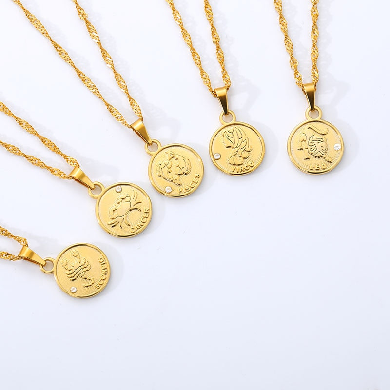 Zodiac Sign Coin Pendant Necklace