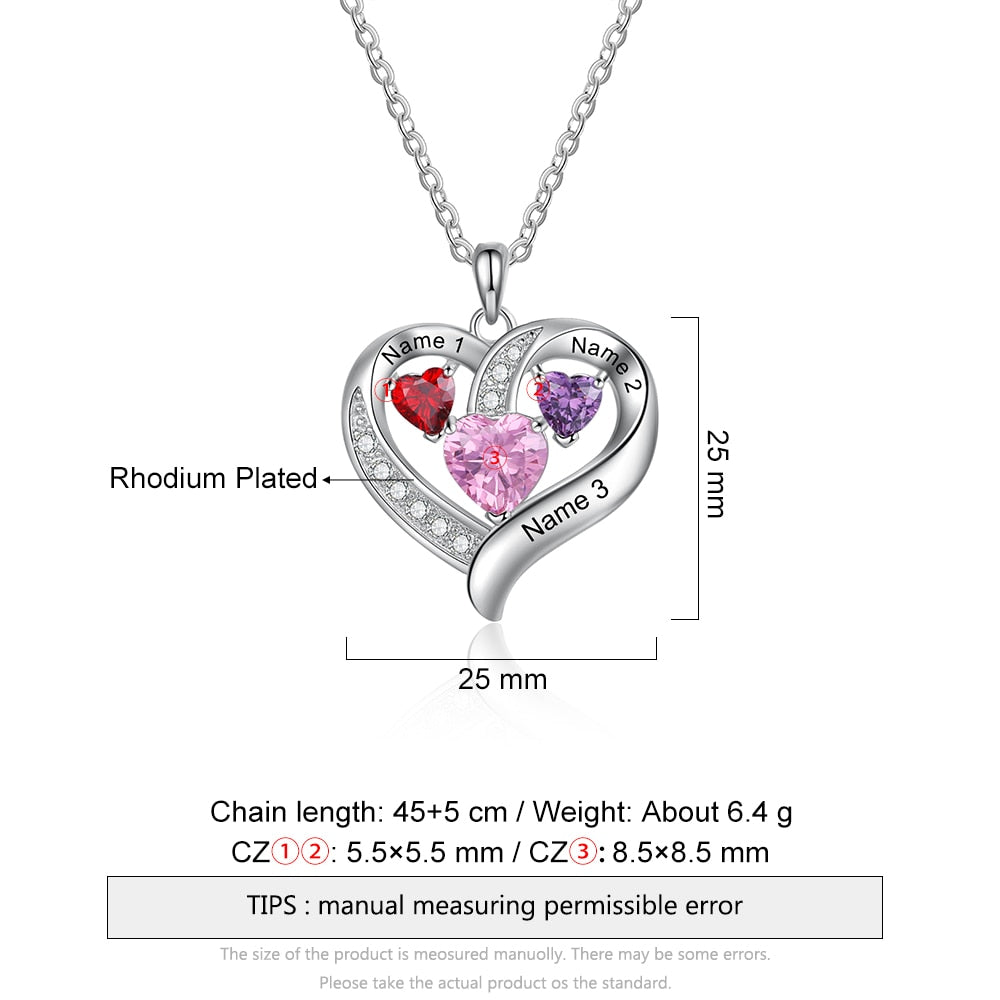 Custom Heart Necklace With Simulated Birthstones And Engraved Names