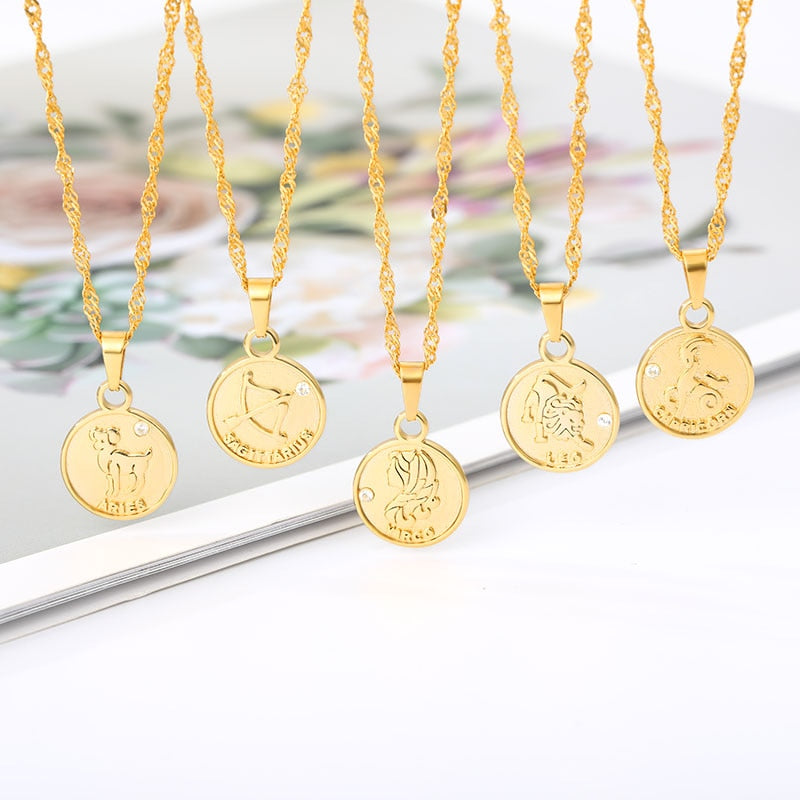 Zodiac Sign Coin Pendant Necklace