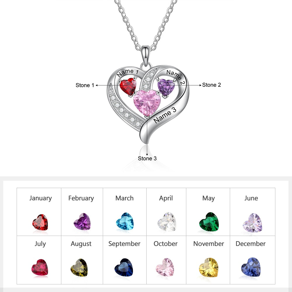 Custom Heart Necklace With Simulated Birthstones And Engraved Names