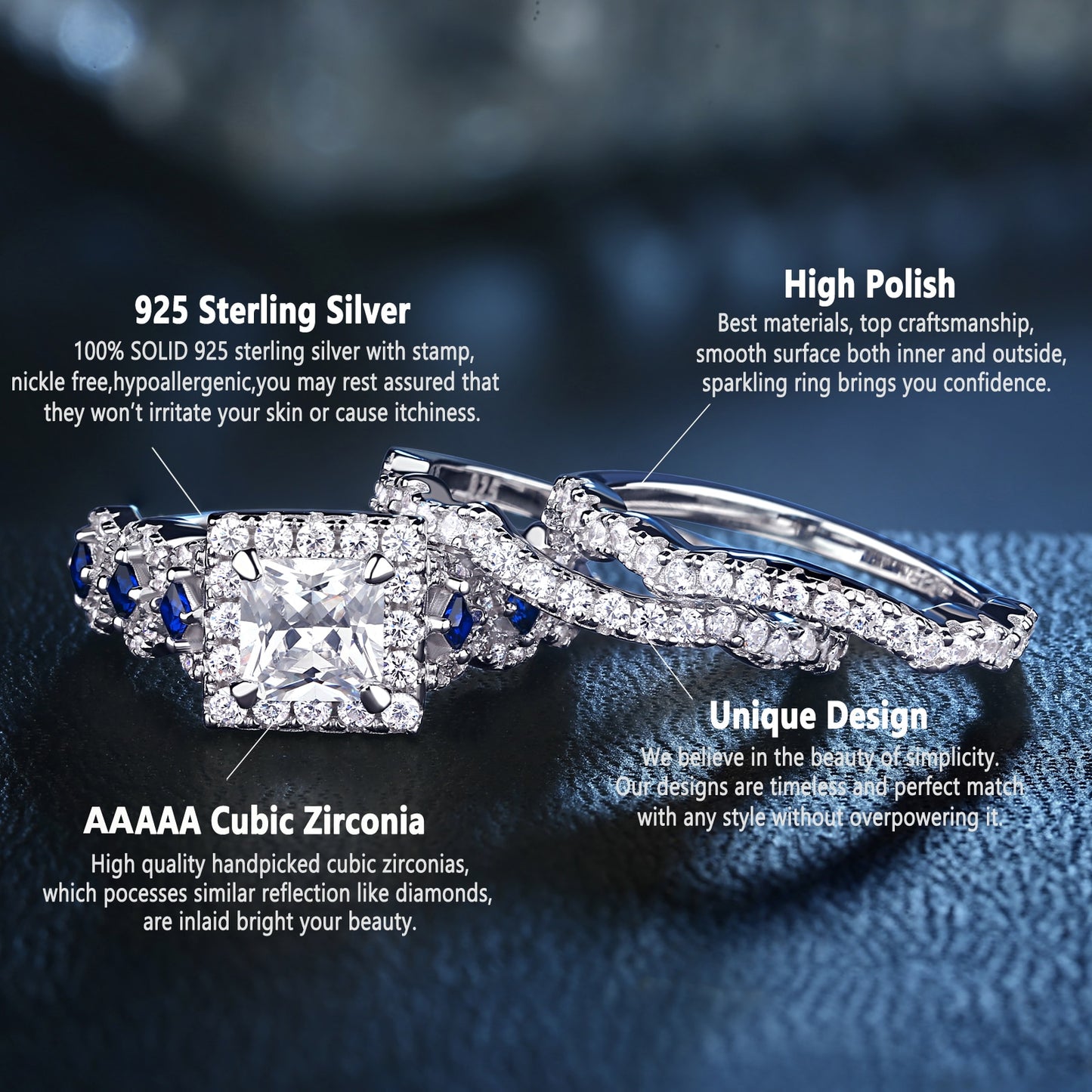 "Princess" Cut Silver Ring Set